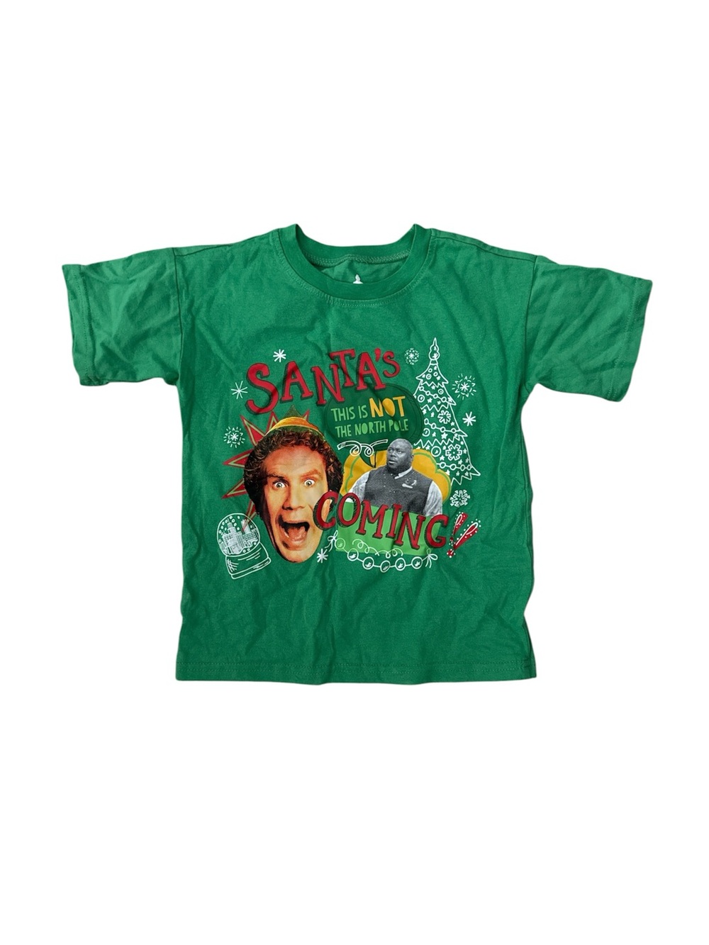 elf Will Farrell Santa Christmas North Pole T-Shirt Kids Sz 5/6 Green Red Tree